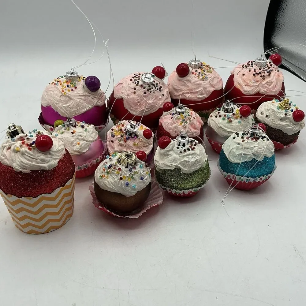 Lot of 13 Handmade Faux Cupcake Christmas Tree Ornaments Glitter Holiday Decor